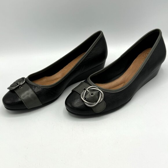Nurture Canary 001 Black Wedge Heel Buckle Accented Shoes, Size 7-1/2 M With Box - Picture 3 of 9